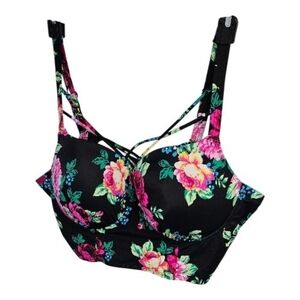 torrid Black Floral Strappy Swim Top